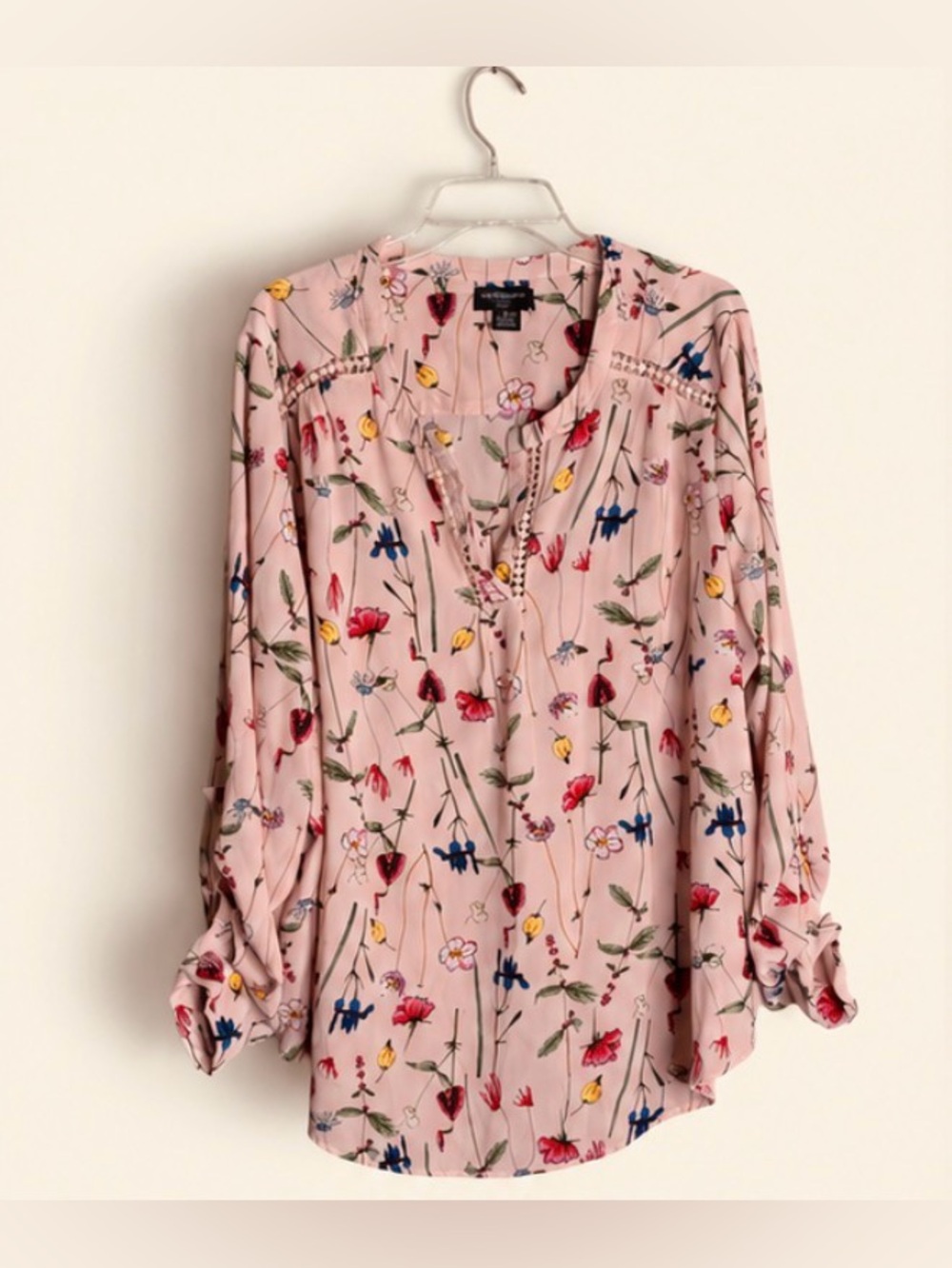Liz Claiborne Career Woman 2X Blush Pink Floral Tunic Blouse Lace Trim